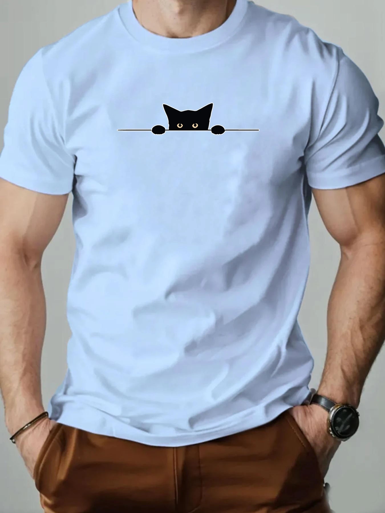 Men’s T-Shirt – Cartoon Cat Print, Round Neck Casual Tee