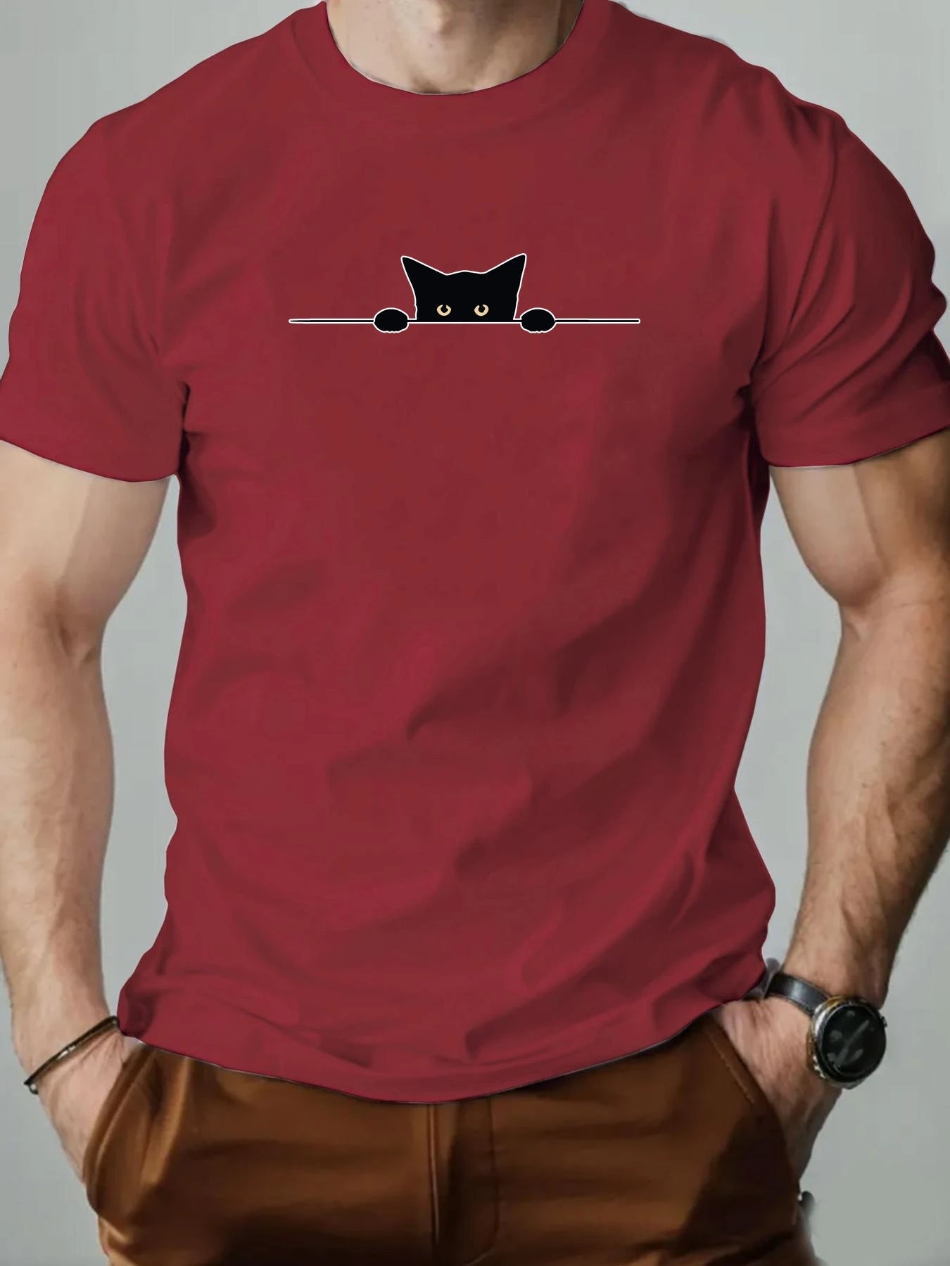 Men’s T-Shirt – Cartoon Cat Print, Round Neck Casual Tee