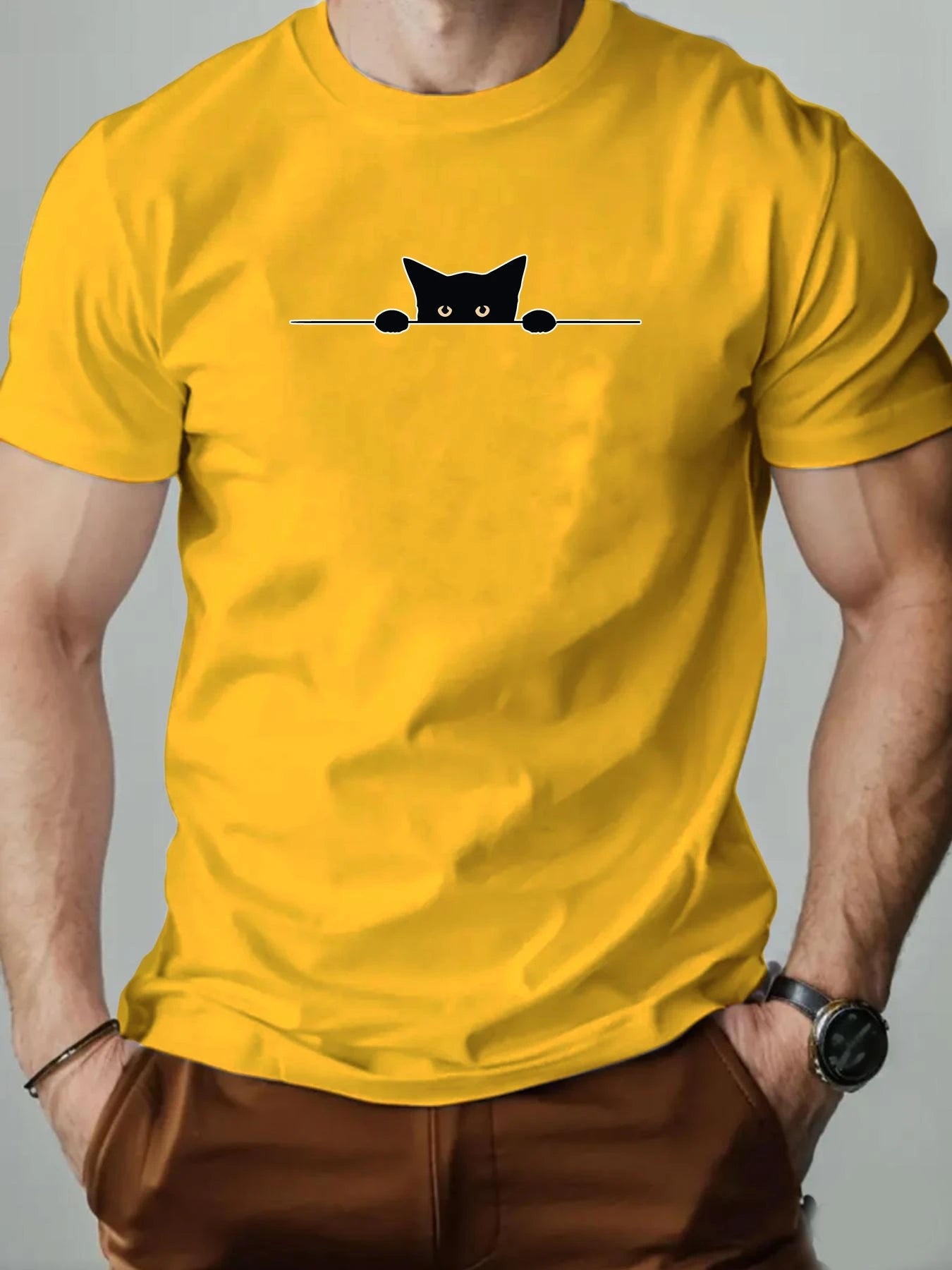 Men’s T-Shirt – Cartoon Cat Print, Round Neck Casual Tee