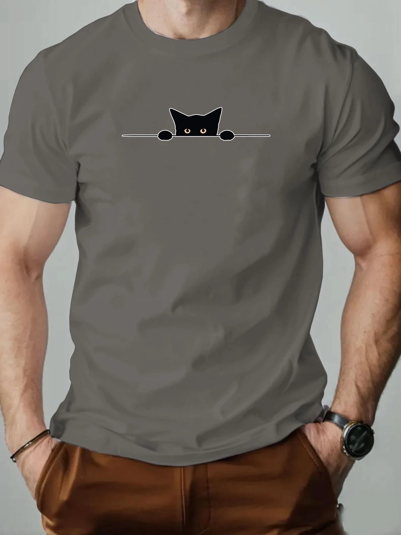 Men’s T-Shirt – Cartoon Cat Print, Round Neck Casual Tee