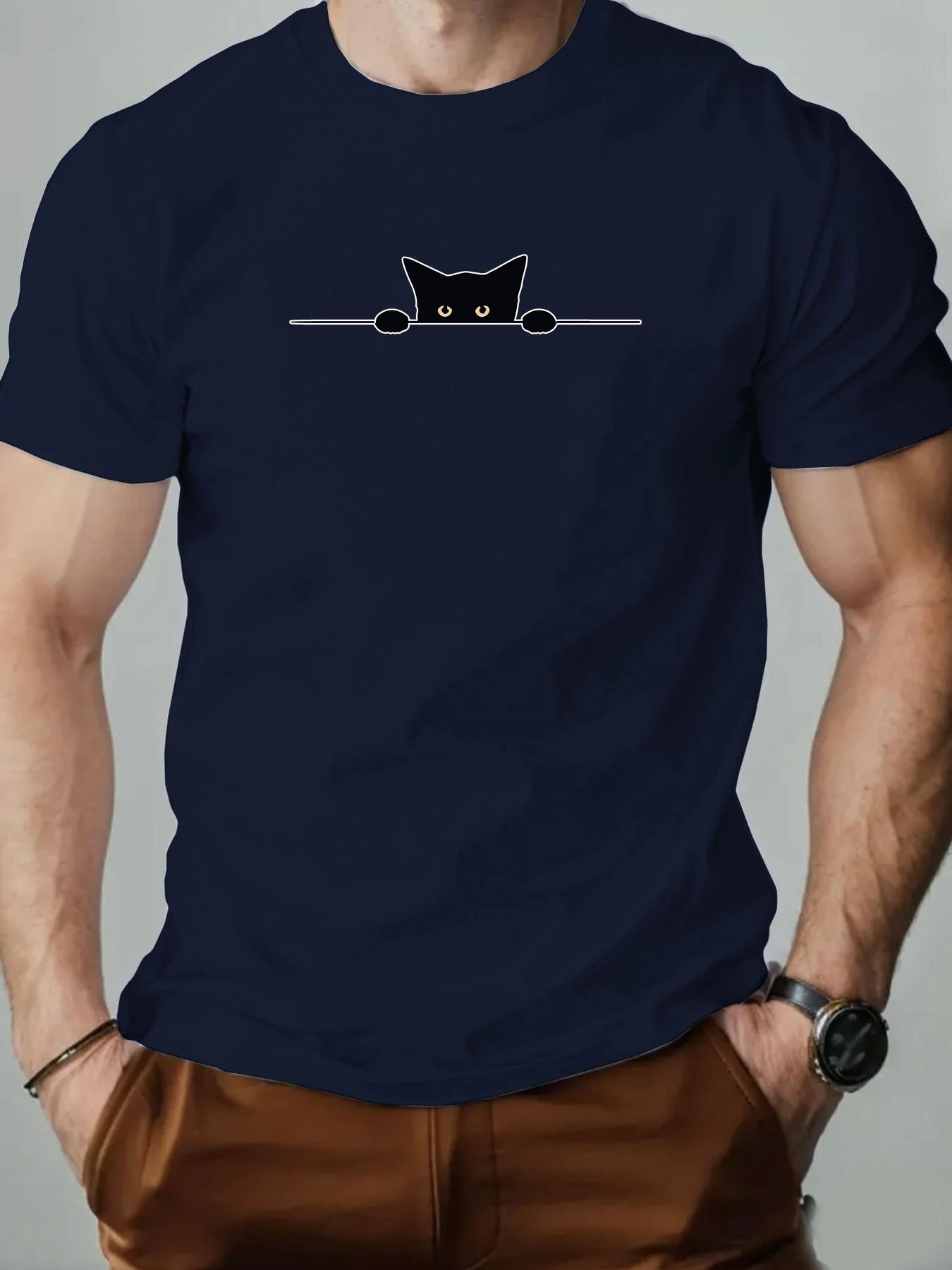 Men’s T-Shirt – Cartoon Cat Print, Round Neck Casual Tee