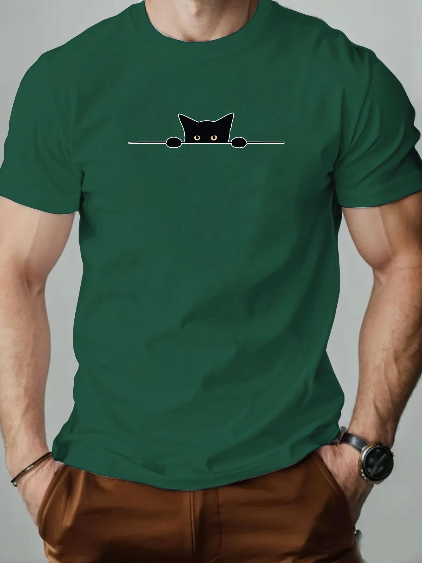Men’s T-Shirt – Cartoon Cat Print, Round Neck Casual Tee