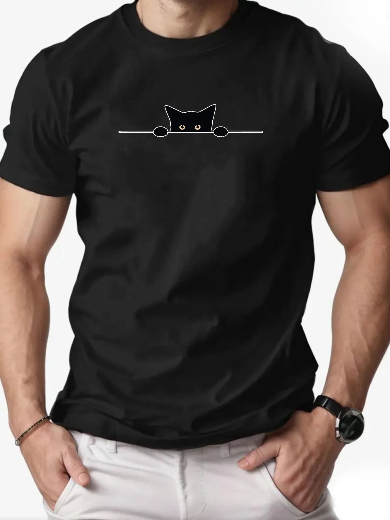 Men’s T-Shirt – Cartoon Cat Print, Round Neck Casual Tee