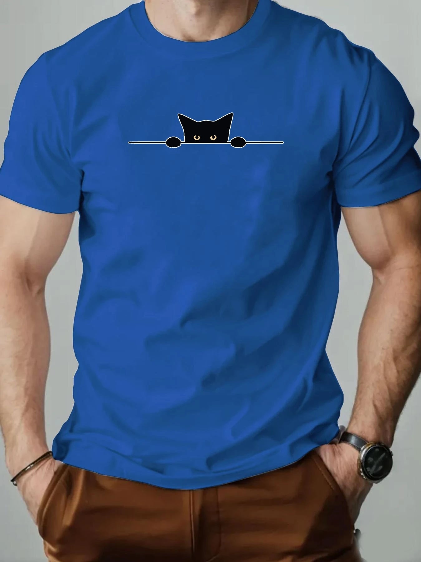 Men’s T-Shirt – Cartoon Cat Print, Round Neck Casual Tee