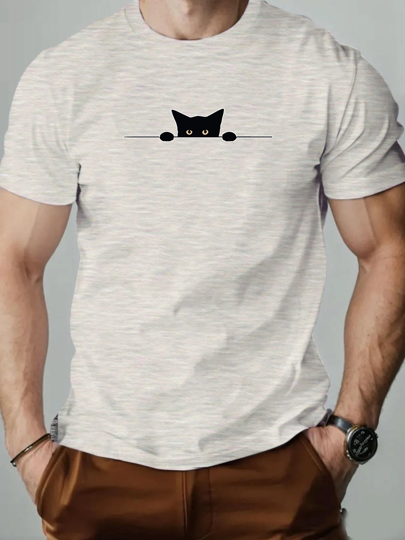 Men’s T-Shirt – Cartoon Cat Print, Round Neck Casual Tee