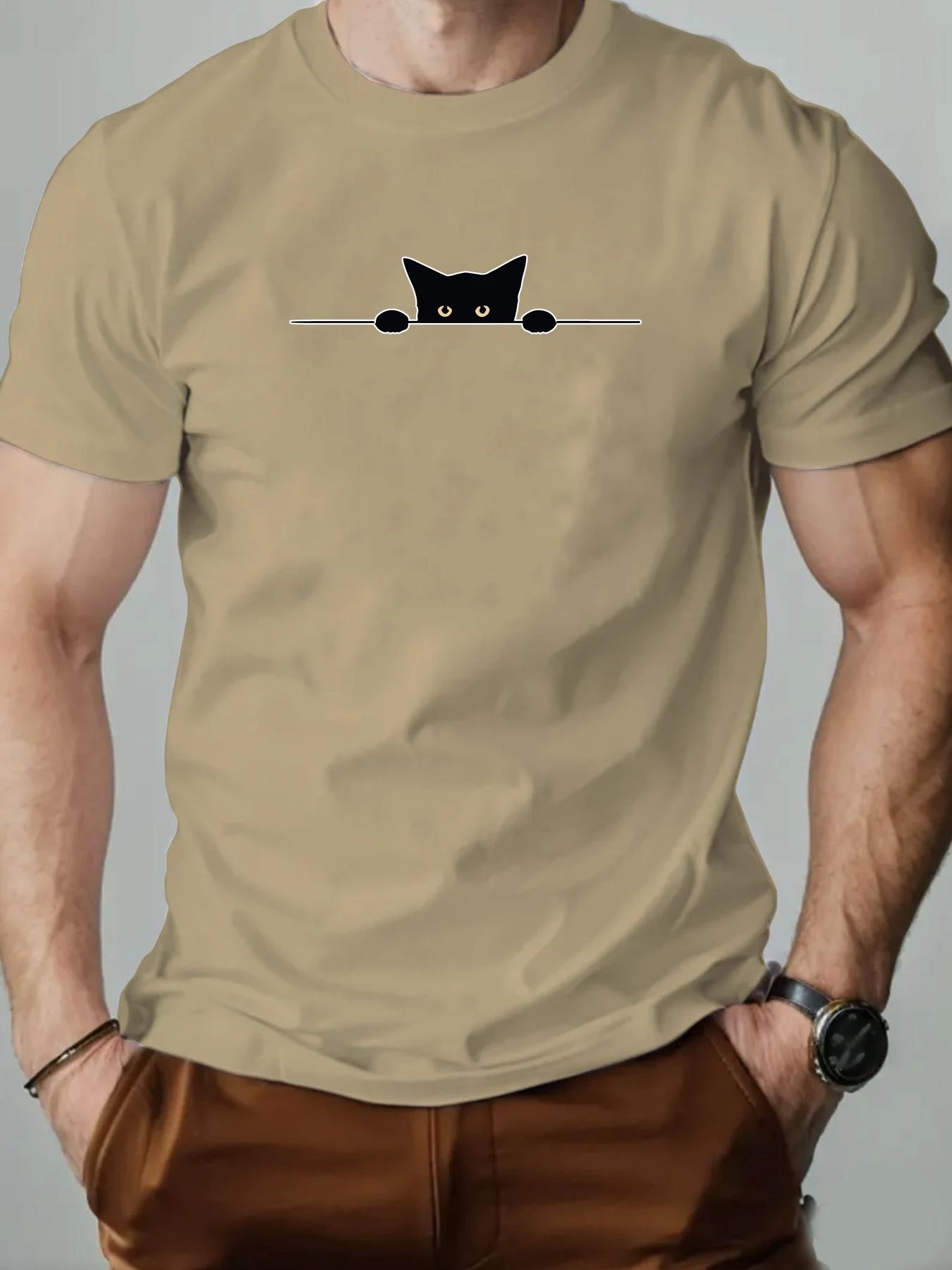 Men’s T-Shirt – Cartoon Cat Print, Round Neck Casual Tee