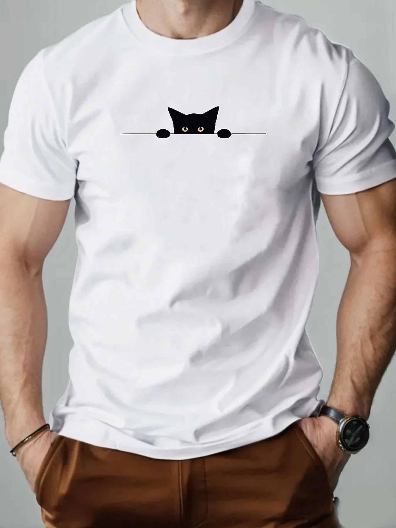 Men’s T-Shirt – Cartoon Cat Print, Round Neck Casual Tee