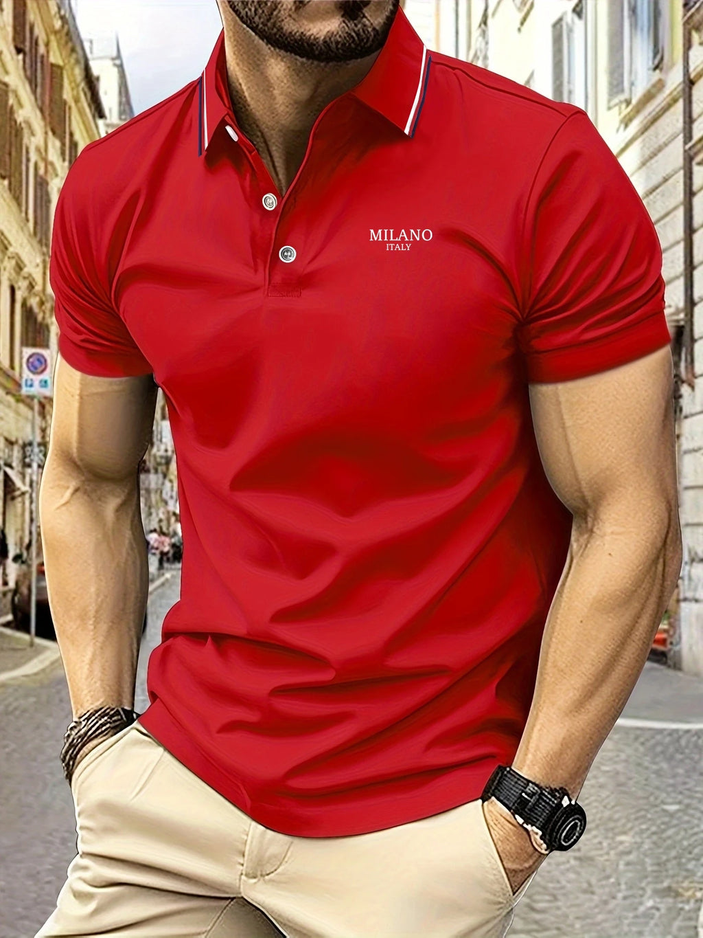 New Men’s Polo Shirt – MILANO ITALY Letter Print, Striped Design, Short Sleeve, Casual, Breathable and Light Luxury