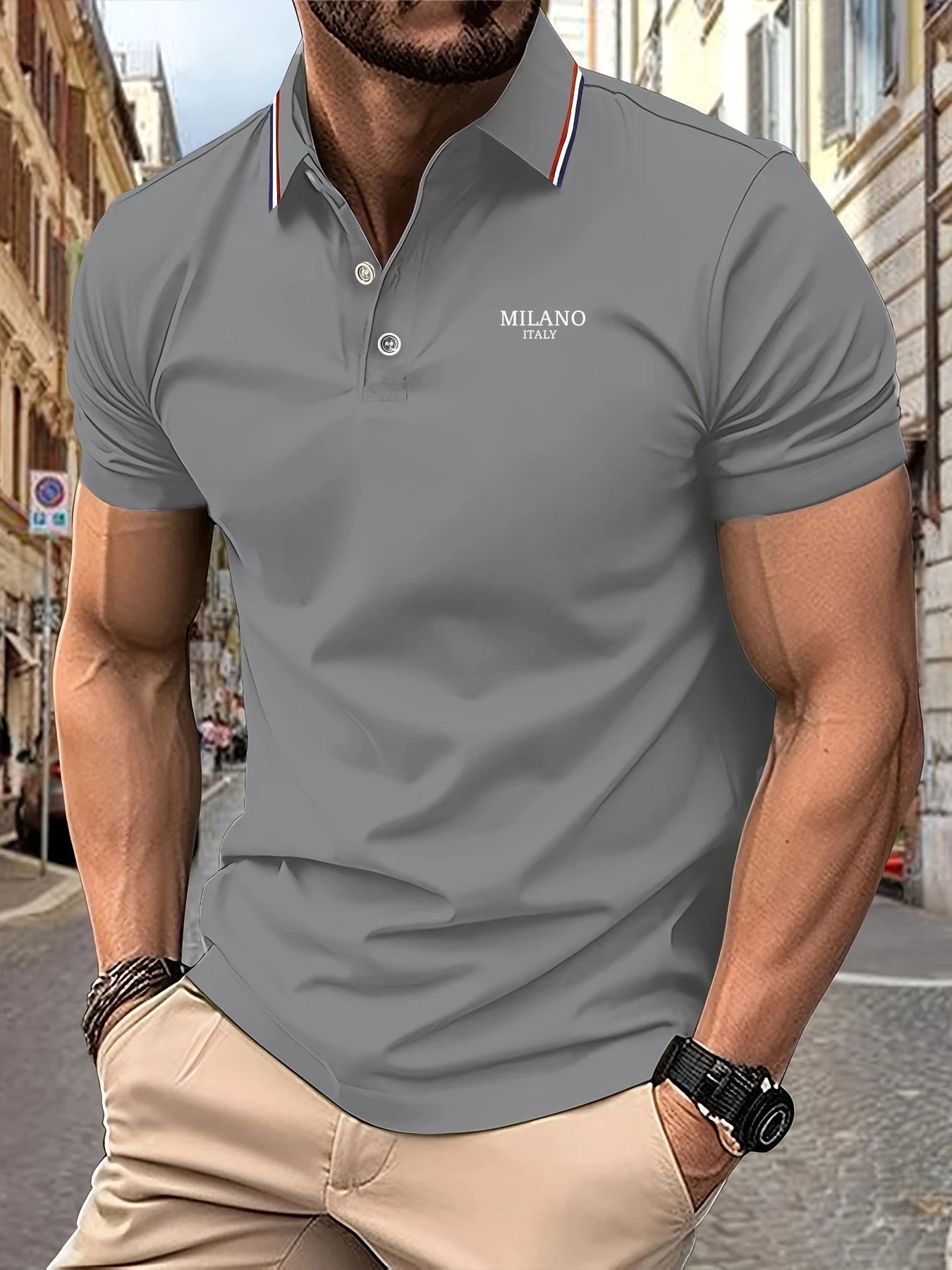 New Men’s Polo Shirt – MILANO ITALY Letter Print, Striped Design, Short Sleeve, Casual, Breathable and Light Luxury