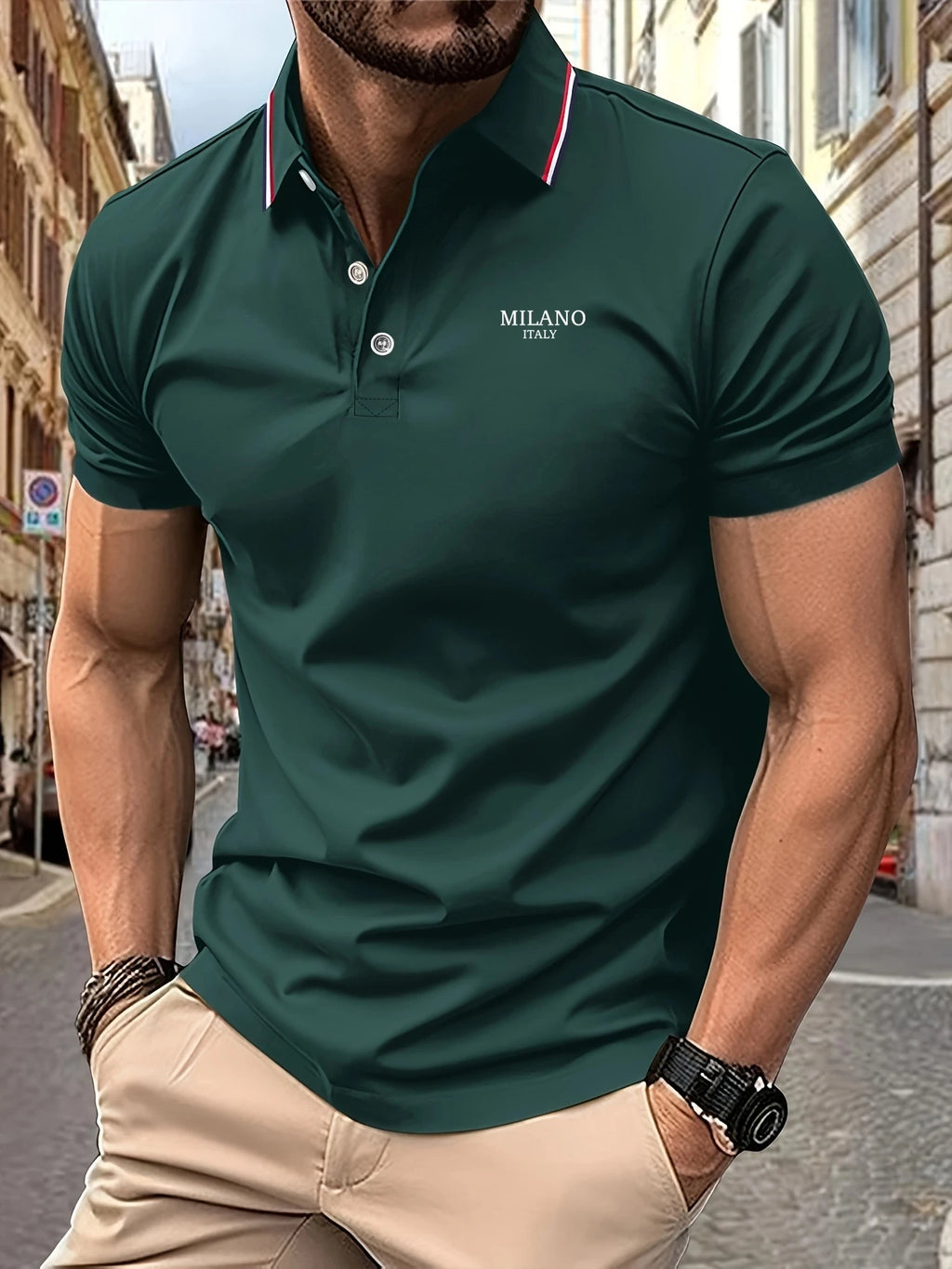 New Men’s Polo Shirt – MILANO ITALY Letter Print, Striped Design, Short Sleeve, Casual, Breathable and Light Luxury