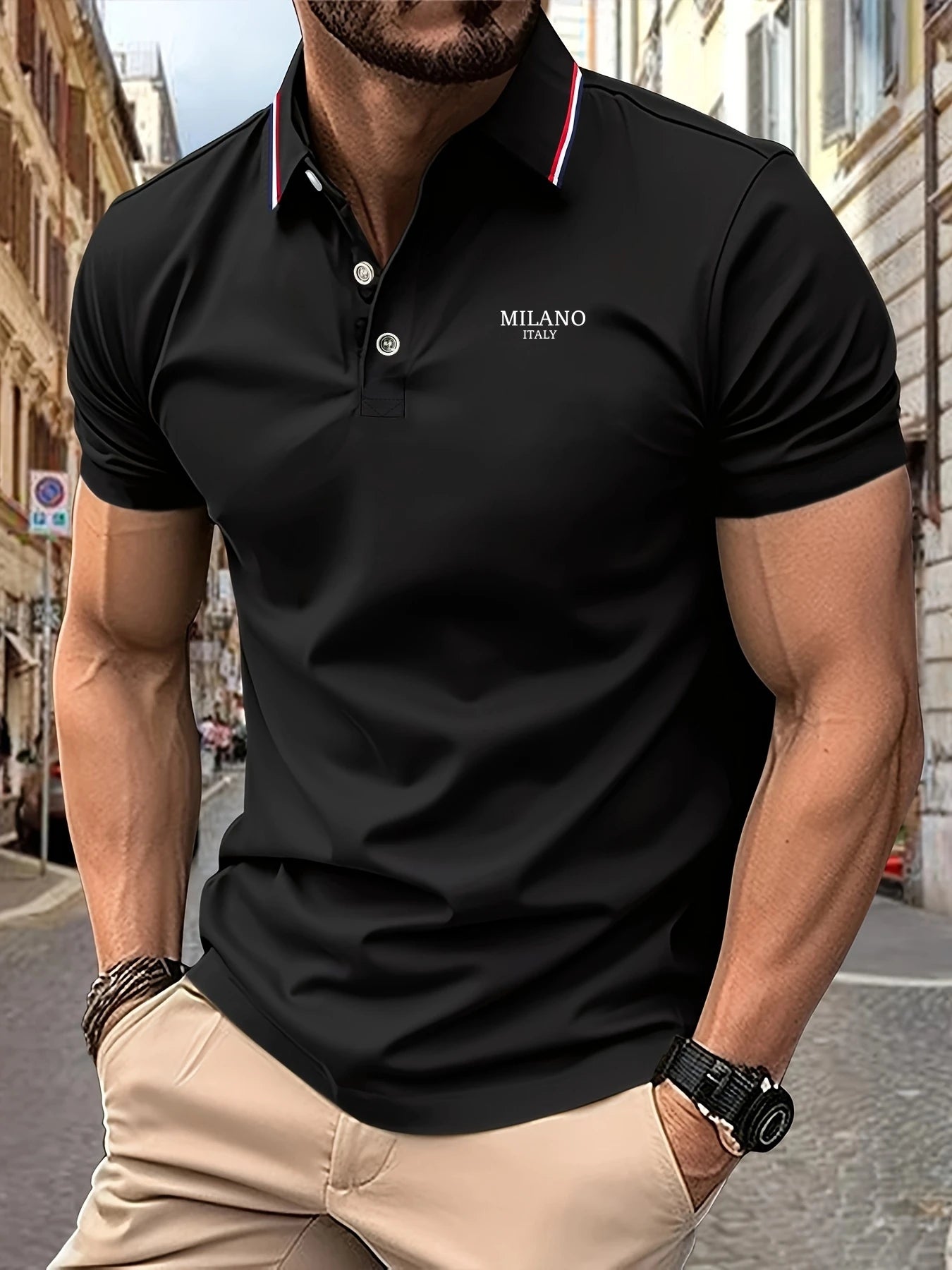 New Men’s Polo Shirt – MILANO ITALY Letter Print, Striped Design, Short Sleeve, Casual, Breathable and Light Luxury